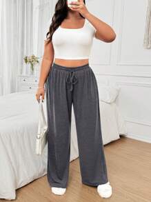 Flirla Plus Size Women's Loose Fit Drawstring Waist Casual Wide Leg Pants - Grey - View 6