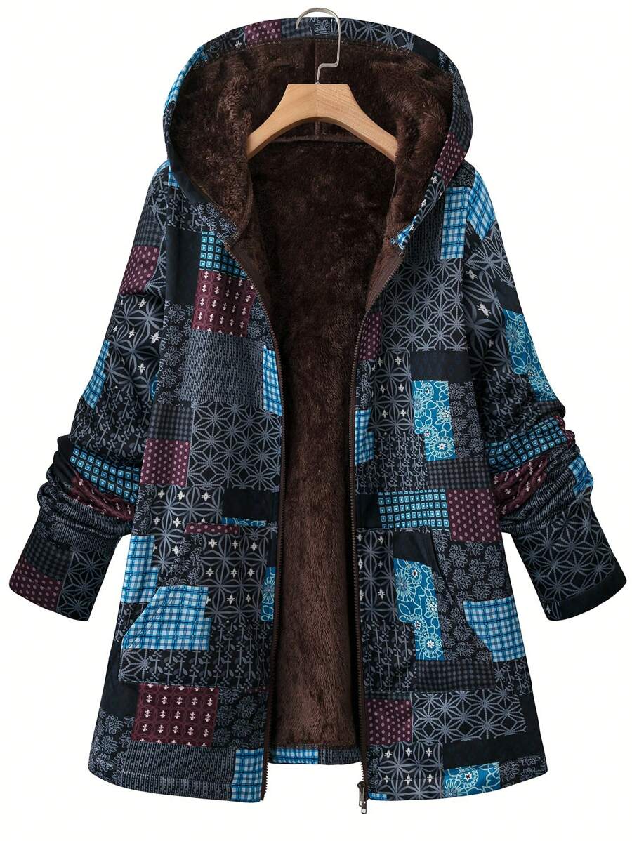 大码女式花卉印花长袖保暖内衬宽松休闲连帽外套，适合秋冬季 - 彩色 - 查看 1