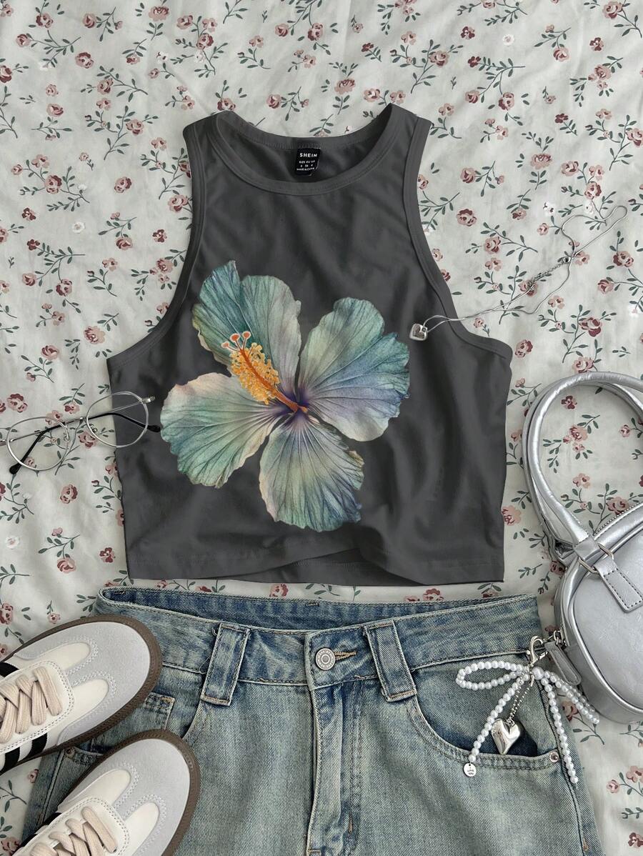 SHEIN EZwear Casual Floral Pattern Crew Neck Tight Women Camisole Tank Top, Suitable For Summer - Dark Grey - View 1