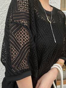 FRIFUL 女士纯色圆领镂空短袖休闲上衣 - 黑色 - 查看 7