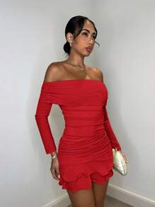 SHEIN BAE Damen einfarbiges Netzknitwear gerafftes Carmen-Ausschnitt sexy Off-Shoulder langes Puff-Ärmelbund elegantes süßes Minikleid, geeignet für Nachmittags-Tee-Treffen, modische Ausflüge, Date-Nächte, süße Ausflüge, Nachtausgänge, Weihnachtsparty-Kleid, Silvesterkleid, Feiertags-Damenoutfits, Langarm-Kleid, sexy Damenoutfits, Club-Damenoutfits, Langarm-Minikleid - Rot - Übersicht 5