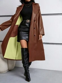 SHEIN Essnce Cappotti in pelle lunghi per donne taglia forte, nuovi cappotti alla moda, cappotti in pelle antivento, per feste di Capodanno e vacanze - Castano - Visualizzare 6