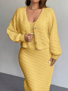 SHEIN Privé Plus Size Casual Vacation Home Vintage Elegant Afternoon Tea Apricot Crew Neck Long Sleeve Knitted Cardigan Sweater, Autumn/Winter - Yellow - View 6