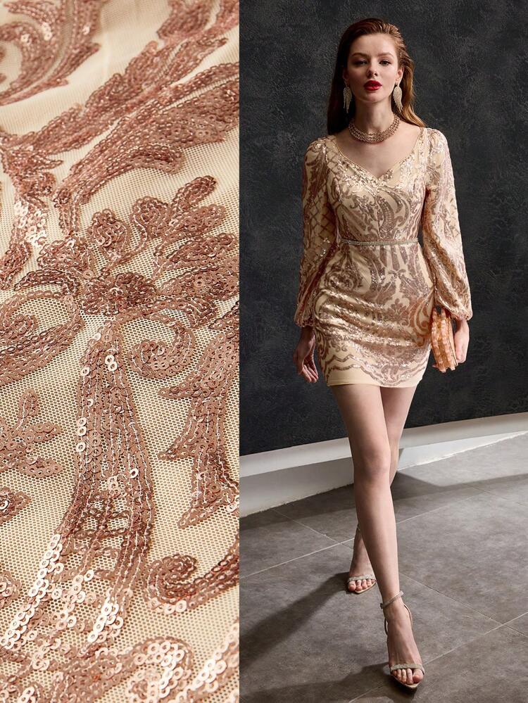 SEQUINS V-NECK LANTERN SLEEVE SHORT DRESS WITHOUT BELT FOR HOLIDAY PARTY CLOTHES