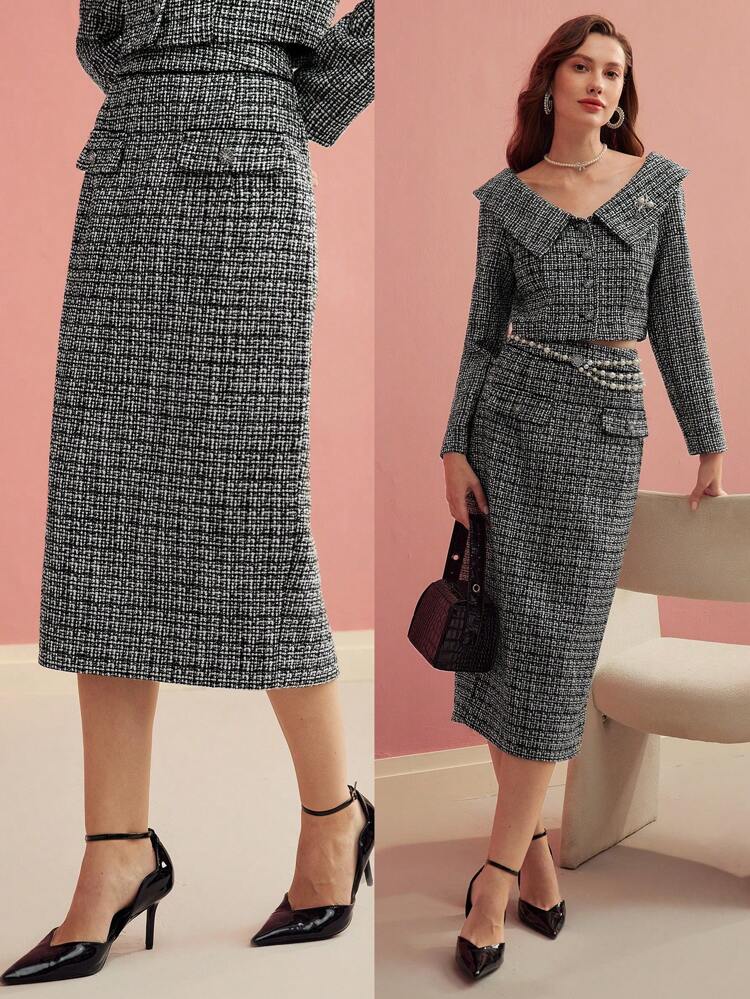 TWEED BUTTON DECOR SPLIT HEM SKIRT