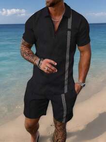 Manfinity RSRT Men's Colorblock Striped Short Sleeve Polo Shirt And Shorts Set