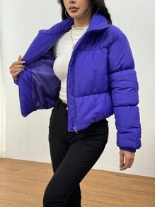 Muchica 短款立领休闲纯色冬季夹克 - 寶藍色 - 查看 7