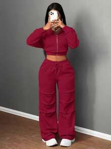 Slaydiva Autumn And Winter New Casual Sports Young Hooded Long-Sleeved Zipper Sweatshirt Cardigan + Wide-Leg Trousers Pleated On Both Sides Light Floral Gray Velvet Sweatshirt Suit Women's Two-Piece Set, 2 Pieces Fall Outfits