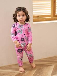 SHEIN Baby Girls' Snug Fit Coverall With Pink Background & Cool Spider Web Print, Long Sleeve, Long Length - Pink - View 3