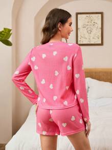 女士粉色简约心形印花长袖上衣和休闲短裤 2 件套家居服睡衣套装 - 粉色 - 查看 2