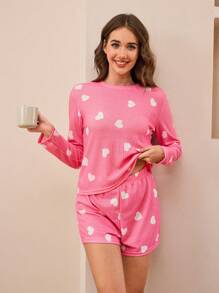 女士粉色简约心形印花长袖上衣和休闲短裤 2 件套家居服睡衣套装 - 粉色 - 查看 5