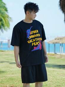 DAZY Men's Colorful Leopard & Letter Print Black T-Shirt & Shorts Set, Summer - Black - View 6
