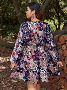 SHEIN VCAY Plus Size Holiday Casual Paisley Print Dress - Navy Blue - View 2