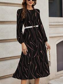 SHEIN Clasi 休闲条纹圆点图案圆领长袖连衣裙，适合春秋季节 - 黑色 - 查看 3