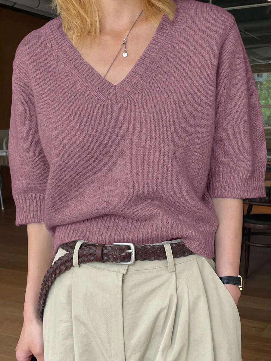 DAZY Jersey de mujer de cuello en V, estilo casual, color liso y neutro, adecuado para ir al trabajo y uso diario, atuendos de maestro - Morado - Ver 1