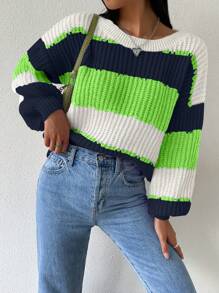 Chiquease pull décontracté simple à manches longues et col rond rayé pour femme