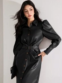 Heiryn Đầm dài tay đơn giản, giản dị, thời trang dạo phố, màu trơn, chất liệu da PU dành cho nữ, cài nút phía trước, tay dài, mùa đông - màu đen - Xem 3