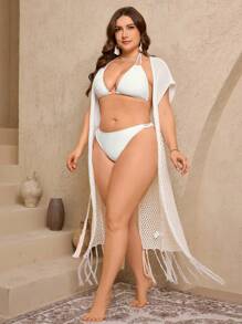 SHEIN Swim Curve 大码女式连衣裙纯色针织短袖长款罩衫配腰带和流苏装饰，简约休闲度假装夏季 - 白色 - 查看 3