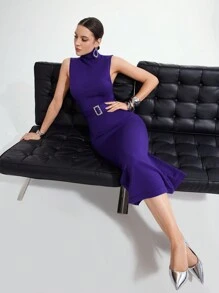 Modelyn Women's Solid Color High Neck Sleeveless Slim Fit Long Sweater Purple Dress - Purple - View 4