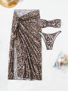 SHEIN Swim Summer 3pcs Set Fashionable Leopard Pattern Women Bikini Set With Metal Ring Decorated Bikini With Beach Mesh Printed Coverup