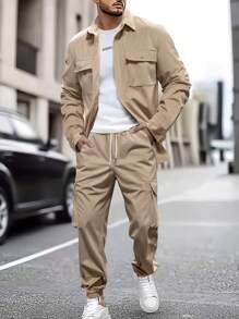 Manfinity Homme 2Pcs/Set Men's Solid Color Button Front Long Sleeve Pocket Top And Pants Suit - Khaki - View 1