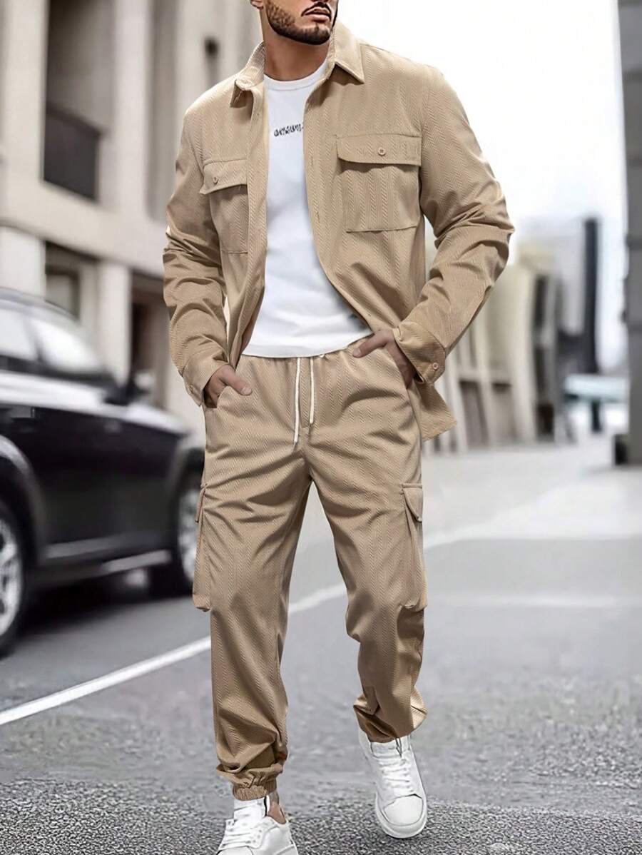 Manfinity Homme 2Pcs/Set Men's Solid Color Button Front Long Sleeve Pocket Top And Pants Suit - Khaki - View 1