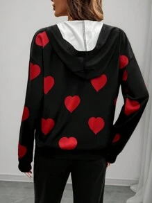 EMERY ROSE Heart Print Hoodie, Valentine's Day Pullover Fall - Black - View 2