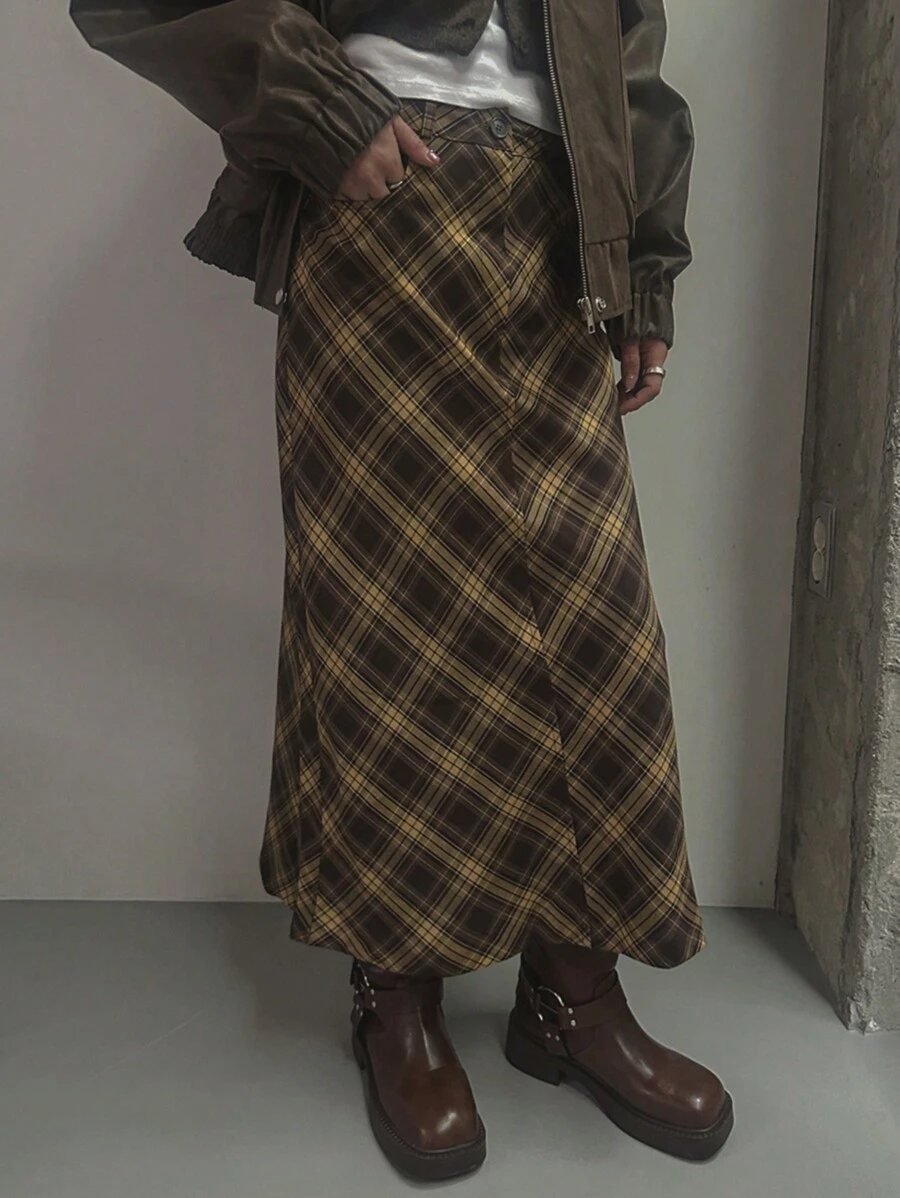 DAZY Women's Low Waist Plaid Long Straight Skirt, Coffee Brown, All Season Fall Skirts