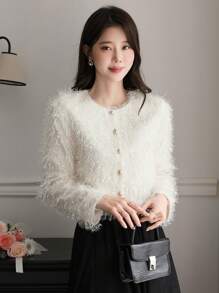 DAZY 女式素色前扣长袖简约毛绒针织上衣，休闲日常穿着，秋季女装 - 米色 - 查看 4