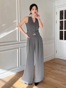 DAZY 2pcs Set Women Solid Color Vest And Wide Leg Pants Office Wear Work Women Clothes - Grey - View 5