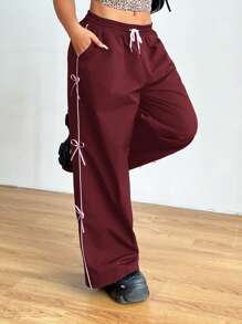 CovetEZ Plus Size Pink Bow Decor Drawstring Waist Cargo Pants For Summer - Burgundy - View 5