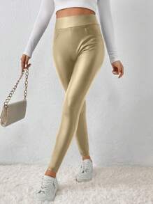 SHEIN Frenchy Solide PU leren bodycon zwarte legging