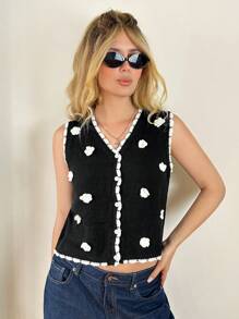 Forever 21 Women's Colorblock Trim 3D Floral Decorated Button Front Cardigan Vest - Black - View 3