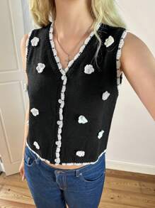 Forever 21 Women's Colorblock Trim 3D Floral Decorated Button Front Cardigan Vest - Black - View 5