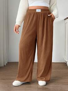 Solflare 大码女式灯芯绒面料高腰宽松阔腿裤，带口袋和贴饰，适合校园、日常穿着、室内工作、秋冬季 - 棕色 - 查看 7