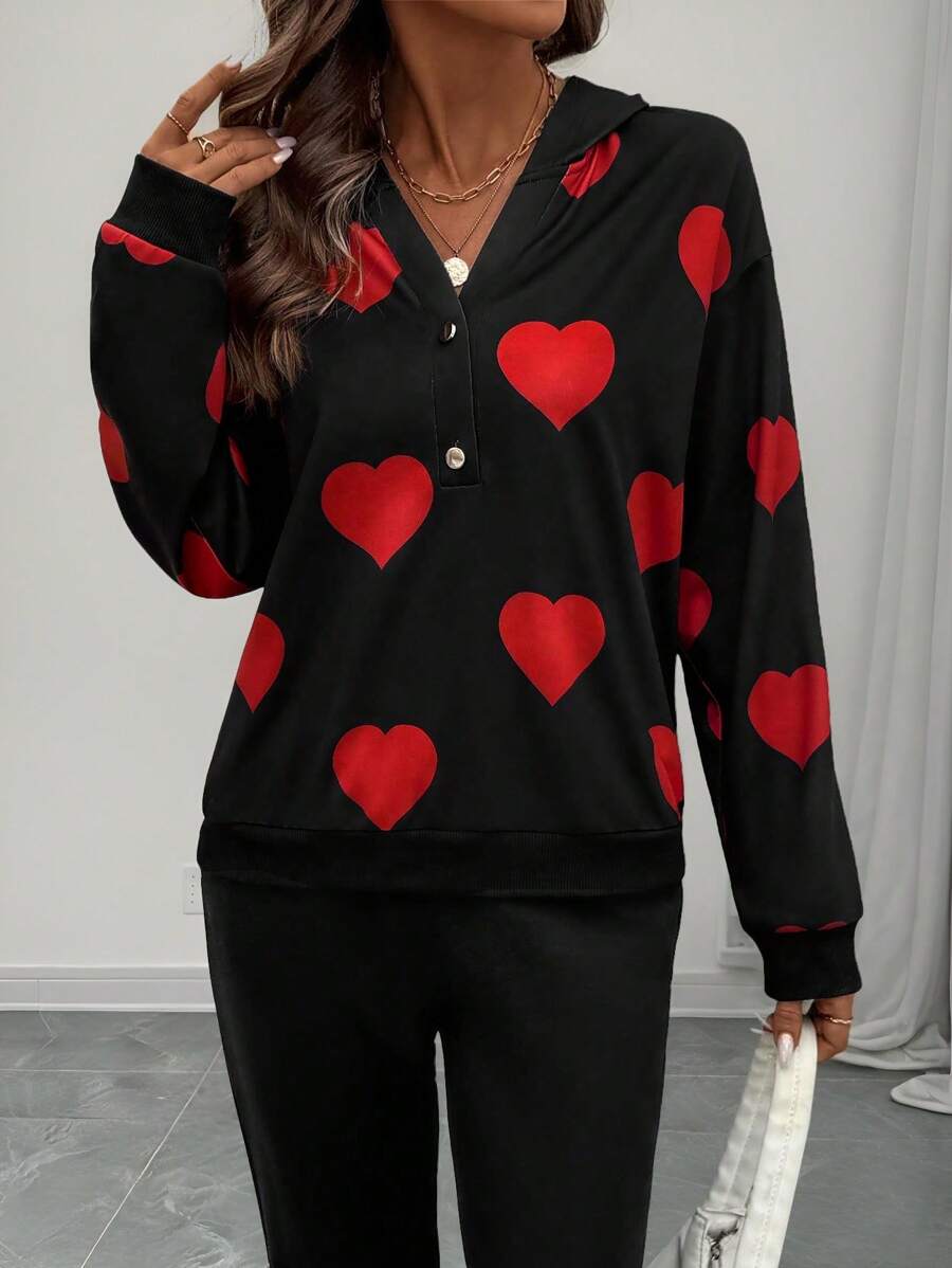 EMERY ROSE Heart Print Hoodie, Valentine's Day Pullover Fall - Black - View 1