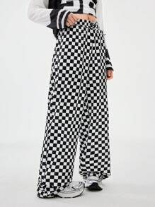 SHEIN Pantalones a cuadros con cintura anudada, ropa de calle para adolescentes de primavera/verano - Blanco y Negro - Ver 4