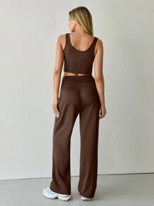Hanevo Women's Autumn Winter Sports Casual Front Ruched Short Vest, Waist Drawstring Knit Patchwork Tracksuit With Relaxed Fit Sweatpants Set Sportwear For Daily Wear - Brown - View 4