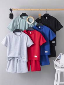 SHEIN Leap Crew 10 件/套青少年男孩休闲度假字母丝带圆领短袖 T 恤和短裤针织 2 件套服装，5 种款式各 1 种，适合学校、花园、海滩、生日派对、春夏秋冬 - 彩色 - 查看 3