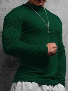 Manfinity Dauomo Men's Solid Color Casual Fashion Ribbed Turtleneck Long Sleeve T-Shirt, Fall - Green - View 4