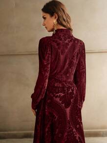 Anewsta Turndown Collar Long Sleeve Velvet Print Elegant Blouse