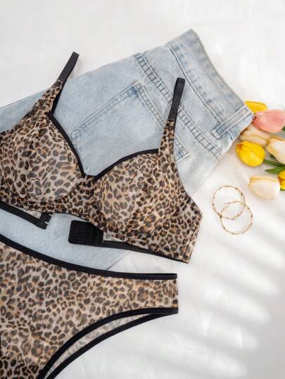 Bare Chapter 2pcs Women's Strawberry Print Mesh Underwire Lingerie Bra And Panty Set ClassicAnimalPrint view 4