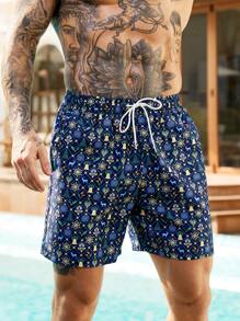 Manfinity KASUA Men's All-Over Print Drawstring Waist Casual Beach Shorts - Multicolor - View 7