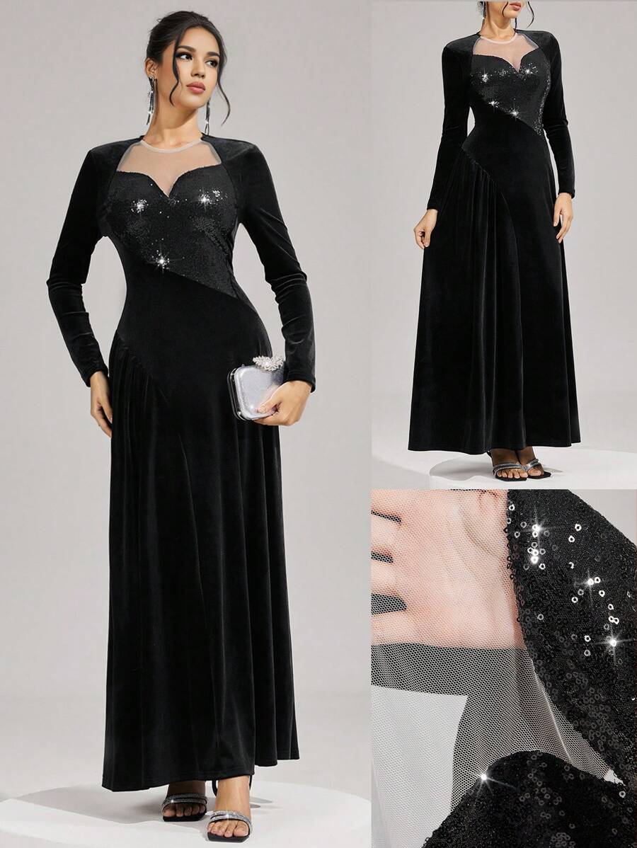 SHEIN Belle 优雅亮片撞色网眼晚礼服，情人节礼服，黑色鸡尾酒会礼服女士圣诞节黑色晚礼服，正式派对礼服，秋冬季黑色性感网眼长袖伴娘服，婚礼宾客礼服 - 黑色 - 查看 1