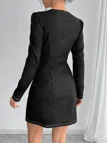 Chiquease Vestido camisero corto elegante con efecto denim para mujer - Negro - Ver 2