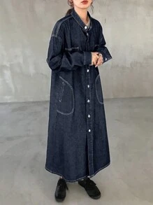 FRIFUL Women's Front Button Long Sleeve Pocket Simple Casual Jean Dress - Black - View 2