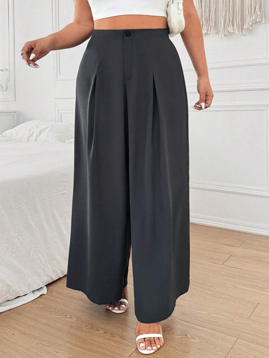 Flirla Damen große Größen Lässig & Büro Gerade Weite Bein Hose - Grau - Übersicht 1