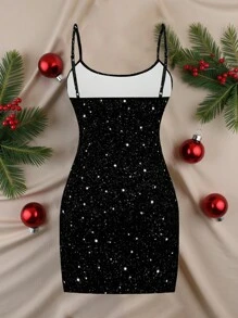 SHEIN EZwear Women's Casual Minimalist Glitter & Sequin Decor Slip Dress For Woman New Year Party