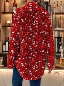 EMERY ROSE Casual Simplistic Glittery Pattern Loose Fit Long Sleeve Women Blouse, Suitable For Autumn Winter New Years Women New Year Eve - Multicolor - View 5