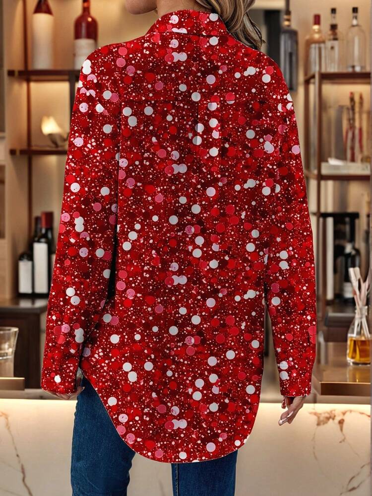 Blouse ample à manches longues pour femmes avec motif pailleté simple et décontracté, convient pour l'automne, l'hiver et le Nouvel An